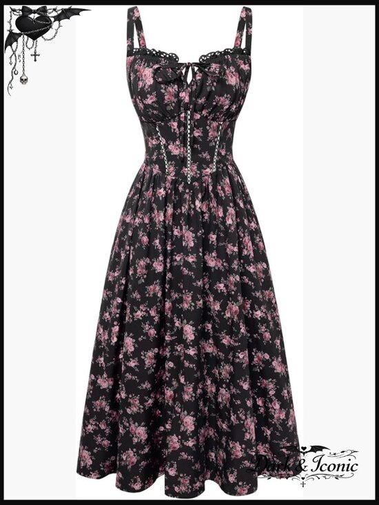 Dresses & Skirts - Women's Floral Corset Milkmaid Dress with Pockets Summer Wedding Guest Midi